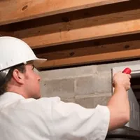 Termite inspection technician checking a basement wall and framing for termite activity in Anchorage, AK